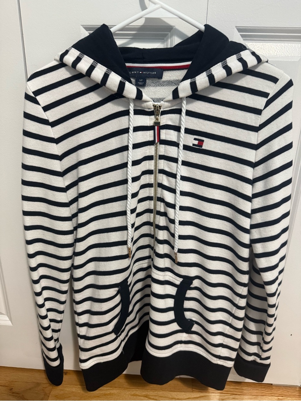 Tommy Hilfiger White and Navy Striped Hooded Zip Sweatshirt